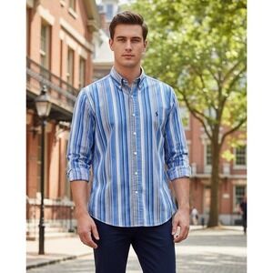 Ralph Lauren Mens Striped Custom Fit Long Sleeve Button Down Shirt Size L Cotton